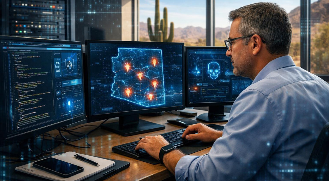 A cybersecurity expert working at a desk with multiple computer screens showing data and a map of Arizona, with a desert landscape visible through the window.