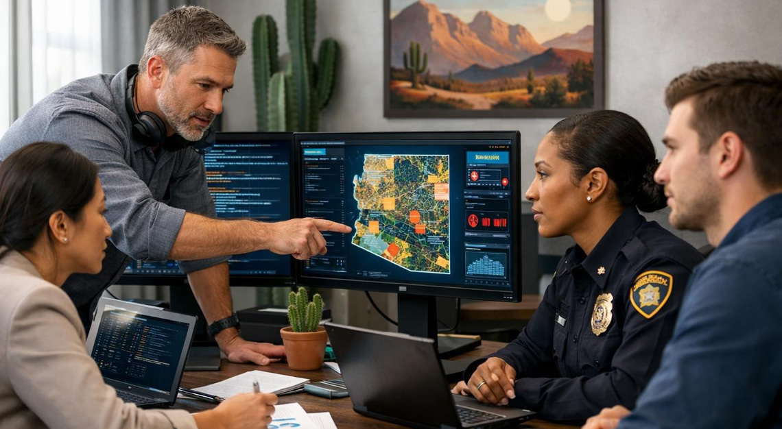 A group of professionals working together around computer screens showing data and maps, focused on investigating identity theft and computer fraud cases in Arizona.