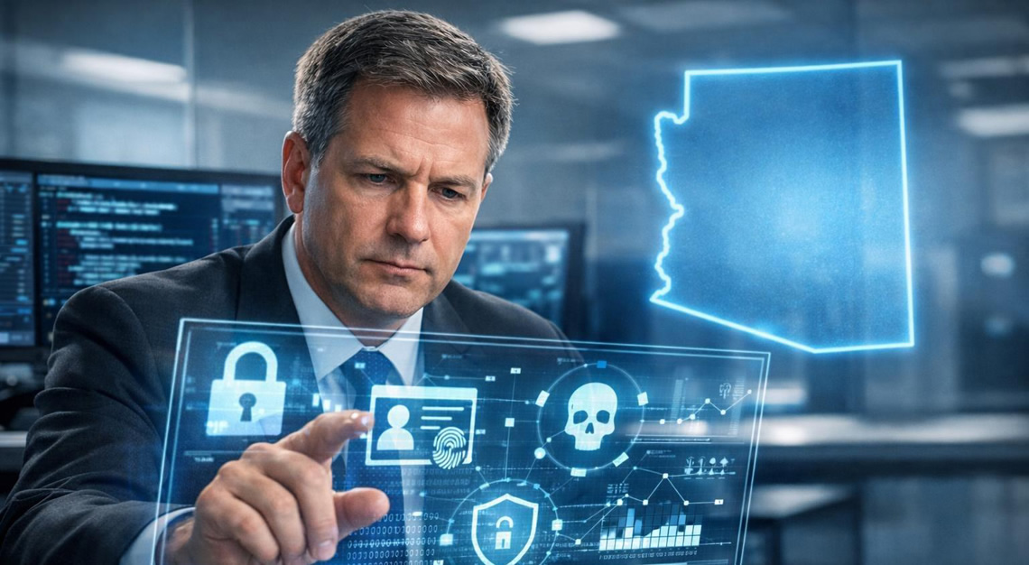 A legal professional examining digital evidence on a touchscreen with the Arizona state map glowing in the background.