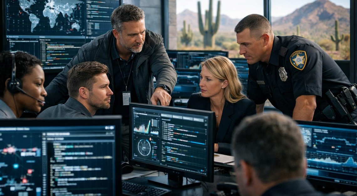 A group of professionals in a modern office analyzing digital data on computer screens with a desert landscape visible through a window.