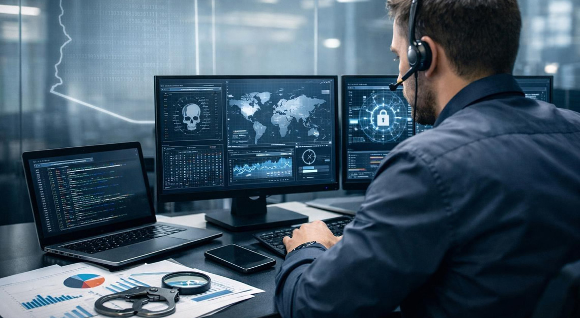 A cybersecurity expert working at a desk with multiple computer screens showing data and a faint outline of Arizona on a transparent screen in the background.