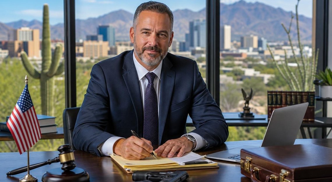 A confident attorney in a business suit sitting at a desk in a modern office with a desert cityscape visible through the window.