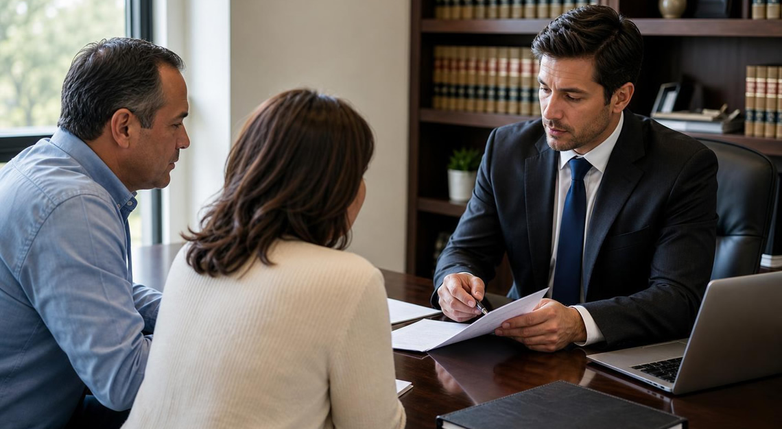 A man and a woman consulting with a lawyer in a modern office, discussing legal documents.