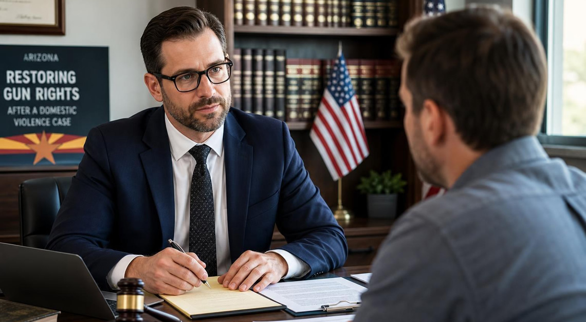 A lawyer consulting with a client in an office with legal documents and law books in the background.