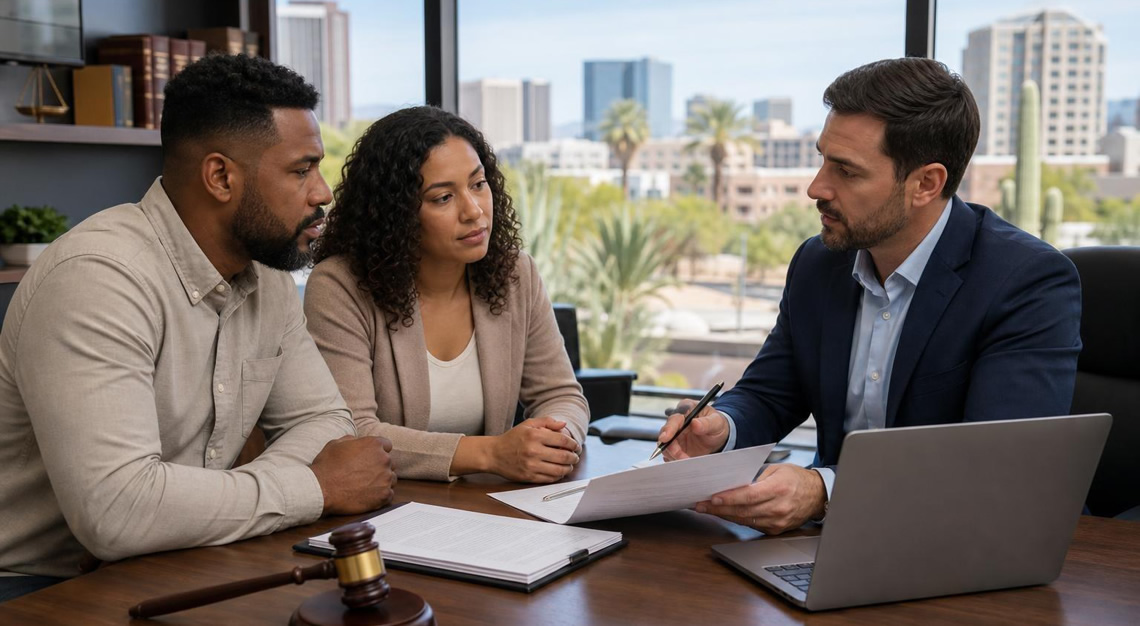 A man and woman consulting with a lawyer in an office with a cityscape visible through the window.