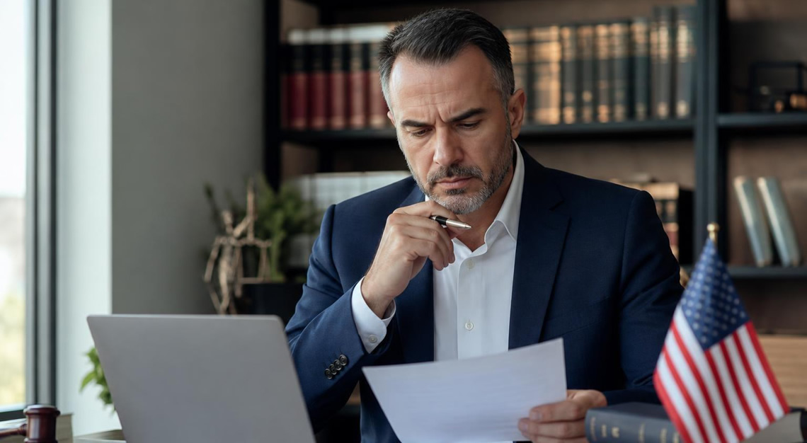 A middle-aged man sitting at a desk reviewing legal documents in a home office with law books and an American flag nearby.