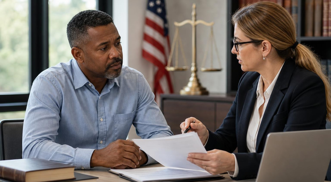 A man and a female attorney discussing legal documents at an office desk with legal books and a scale of justice in the background.