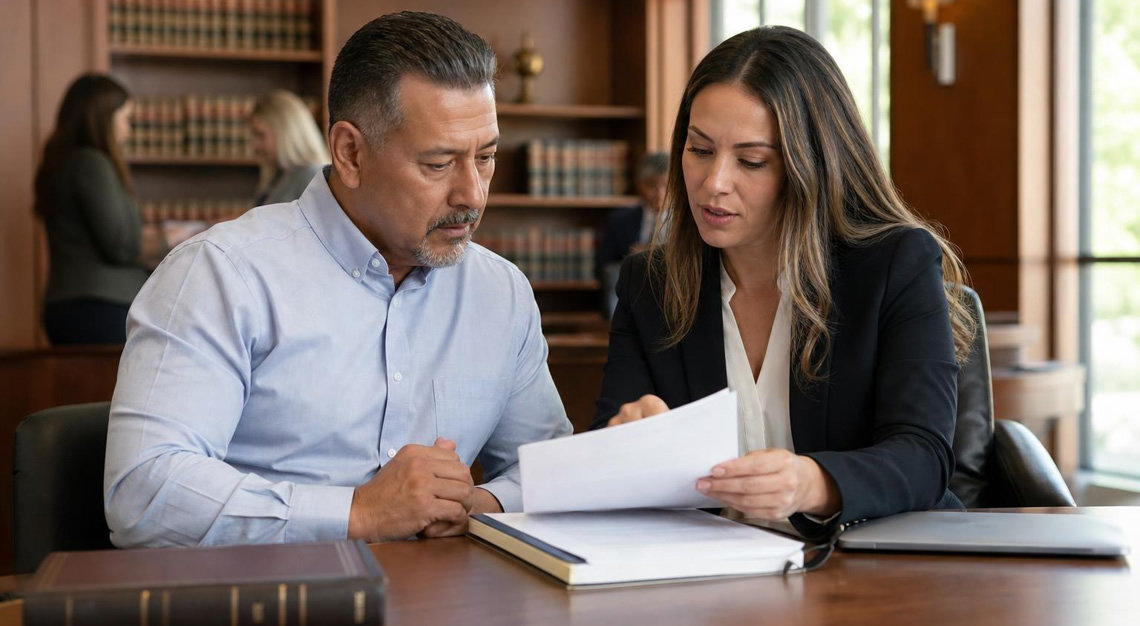 A man and a lawyer reviewing legal documents together in a courtroom or legal office.