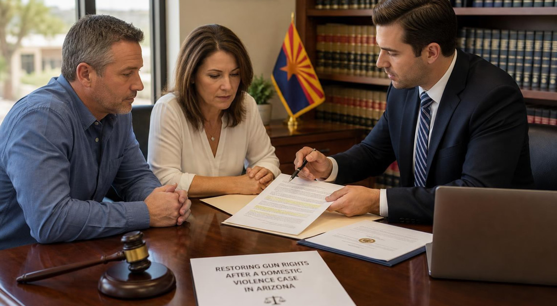 A man and woman consulting a lawyer in an office with legal documents and an Arizona state flag visible.