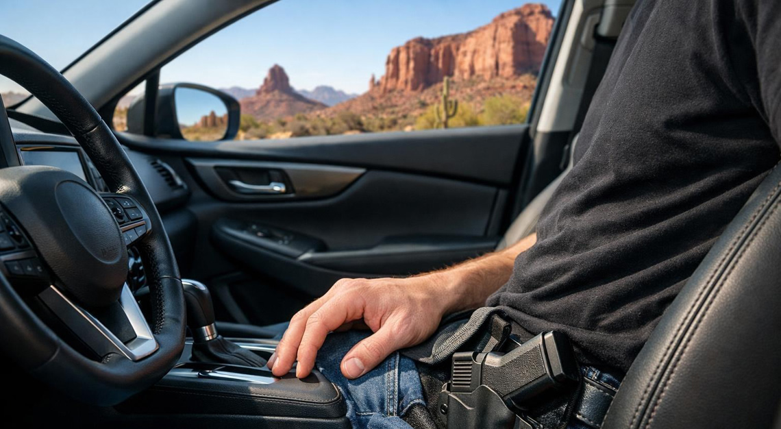 View of a car interior in an Arizona desert with a person&rsquo;s hand near a concealed handgun inside the vehicle.
