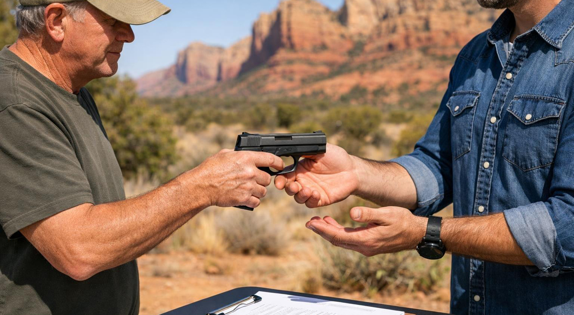 Two men exchanging a handgun outdoors in a desert setting with red rocks and sparse vegetation.