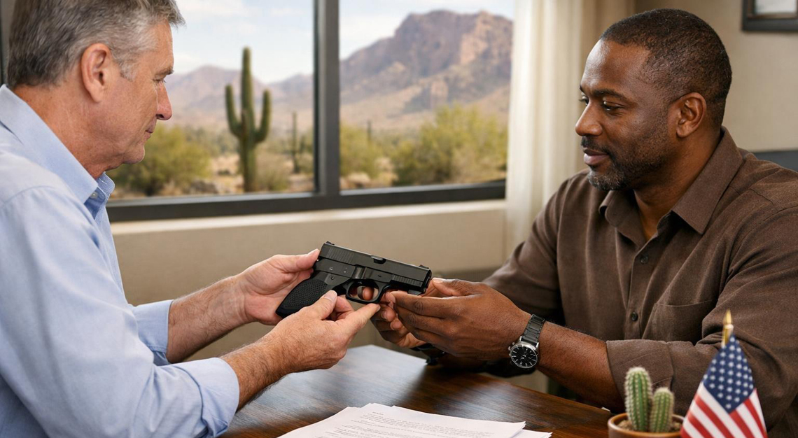 Two adults exchanging a firearm indoors with legal documents and a small cactus visible, representing a private gun sale in Arizona.