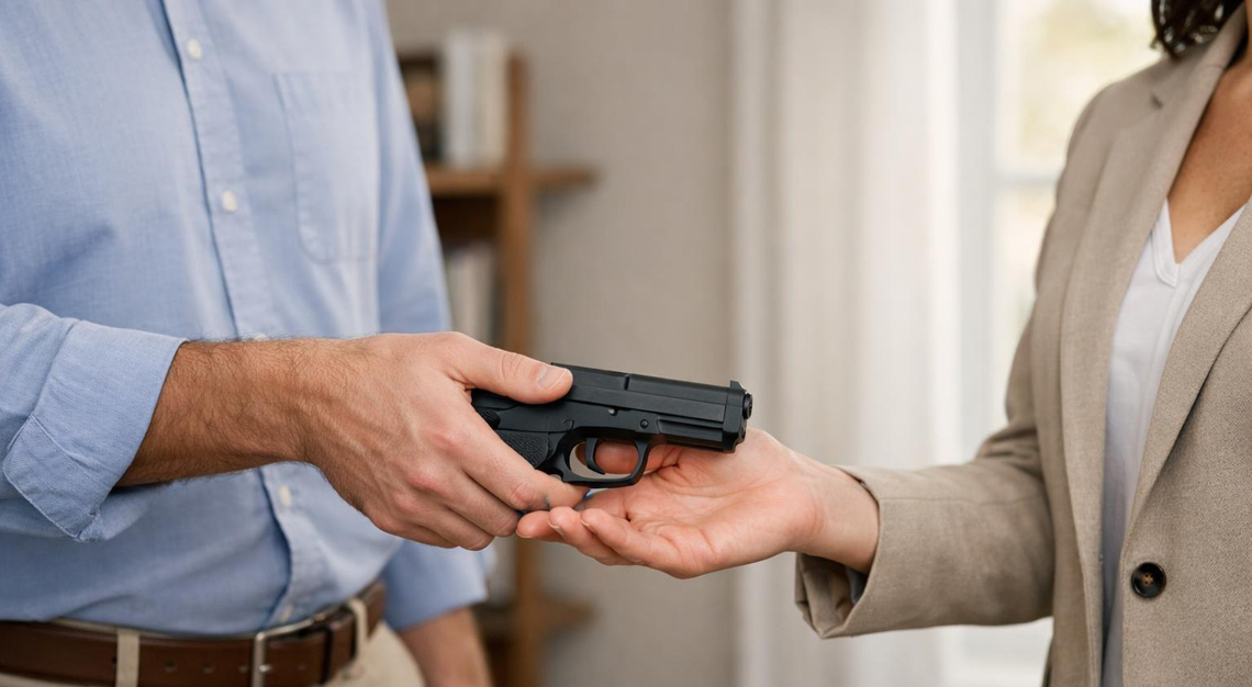 Two adults exchanging a handgun indoors in a respectful and calm manner.