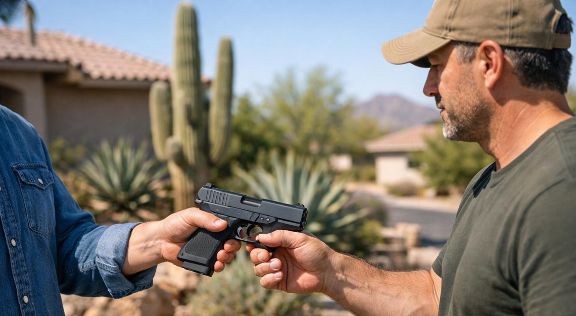 Two adults outdoors in a suburban Arizona setting exchanging a handgun in a responsible manner.