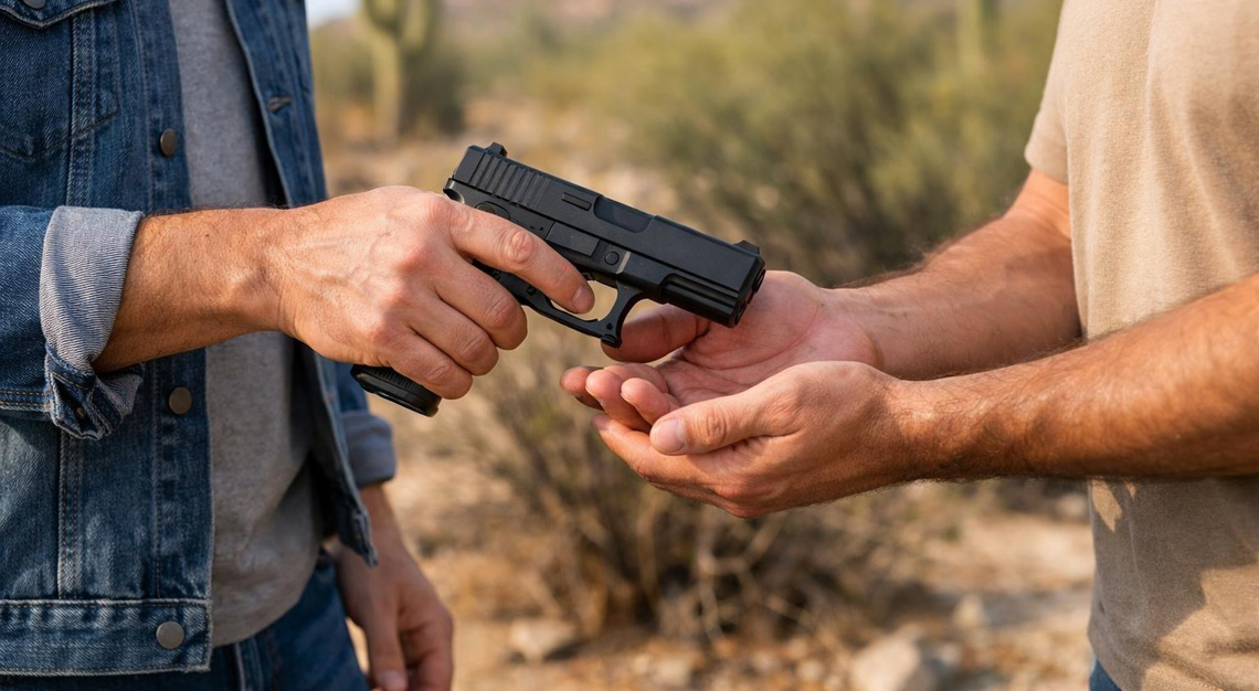 Two adults exchanging a handgun outdoors in a desert-like Arizona setting with cacti and dry shrubs.