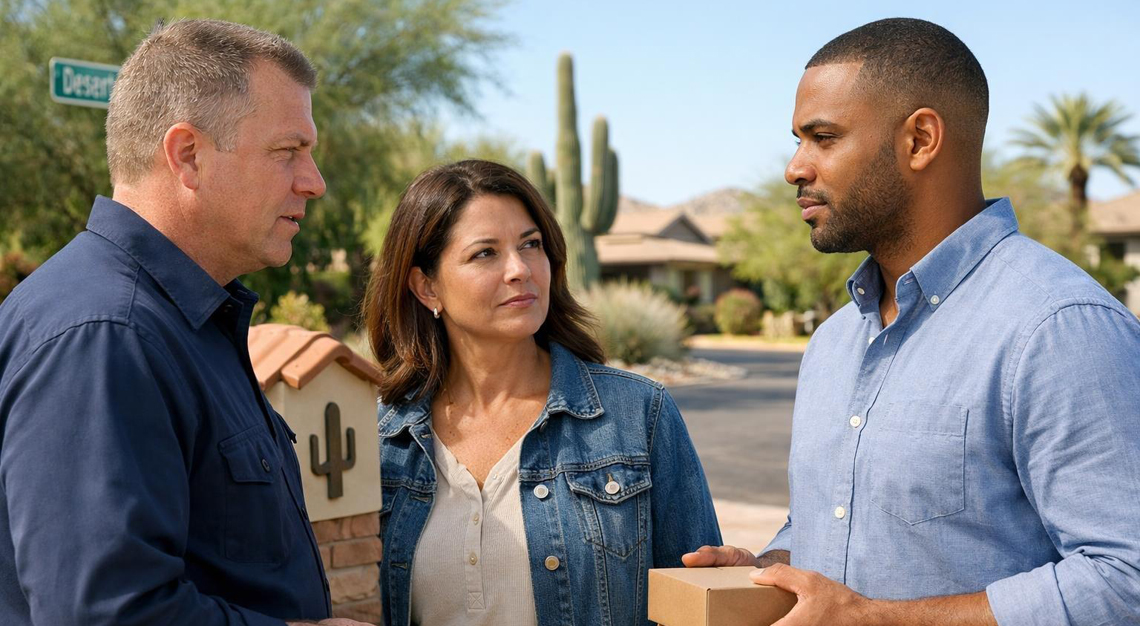 Three adults having a respectful conversation outdoors in an Arizona neighborhood with desert plants and clear skies.