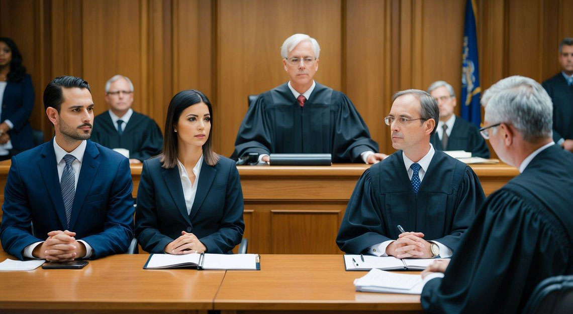 A courtroom with a judge presiding over a trial, with a defendant and their legal counsel on one side, and the prosecution on the other