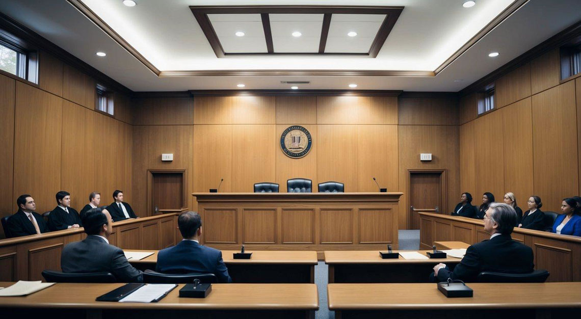 A courtroom with a judge's bench, witness stand, and jury box. The room is filled with tension as lawyers and defendants await the verdict