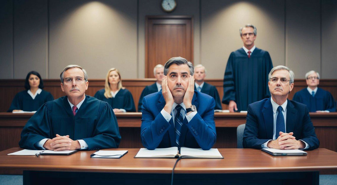 A courtroom with a judge, jury, and defendant. The defendant looks anxious as they await the verdict