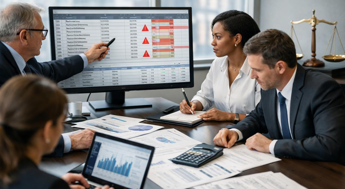 A group of professionals in an office reviewing healthcare billing documents and data on laptops, with legal symbols like a gavel visible in the background.