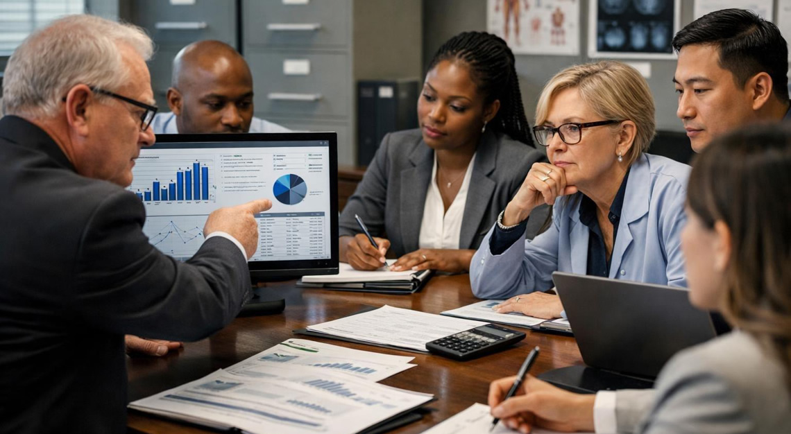 Healthcare administrators reviewing medical billing documents and data together in an office setting.