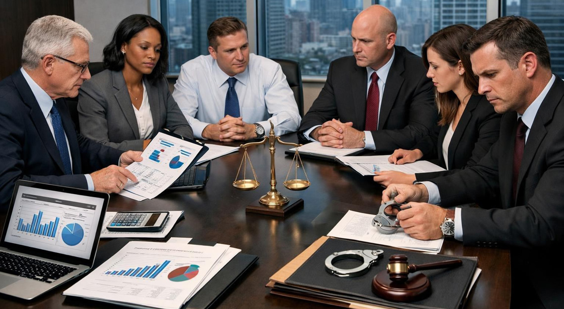 A group of professionals in a meeting room reviewing documents and laptops, discussing healthcare fraud and investigations.