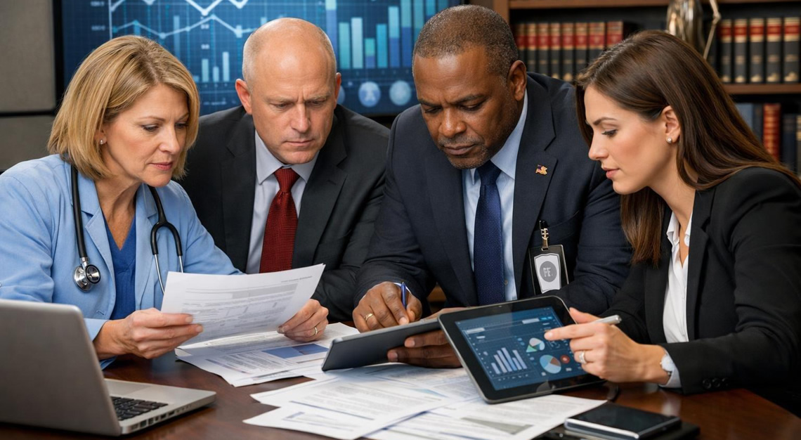 A group of professionals in an office reviewing documents and digital data related to healthcare billing audits and legal investigation.