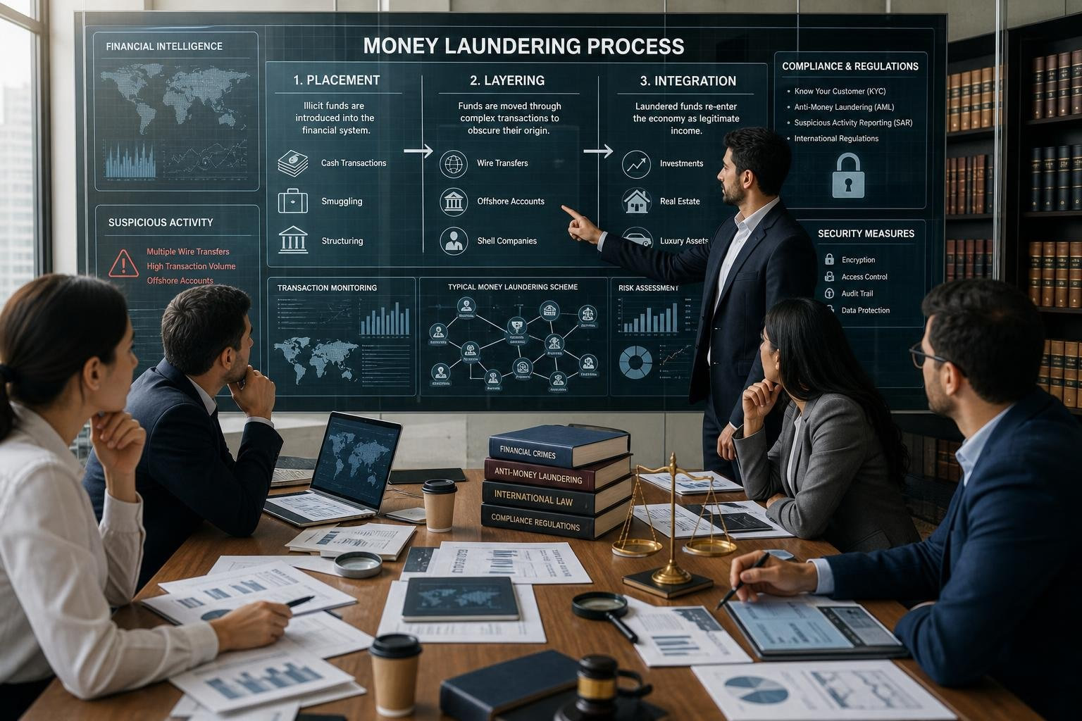 A group of professionals analyzing financial data and charts on computer screens in an office setting, working together to trace funds and investigate money laundering.