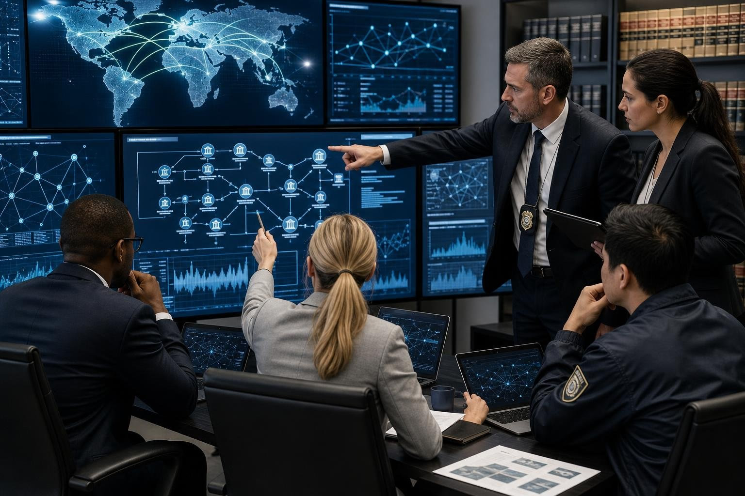 Law enforcement officers and financial investigators analyzing digital data on computer screens to trace money laundering activities in a modern office.