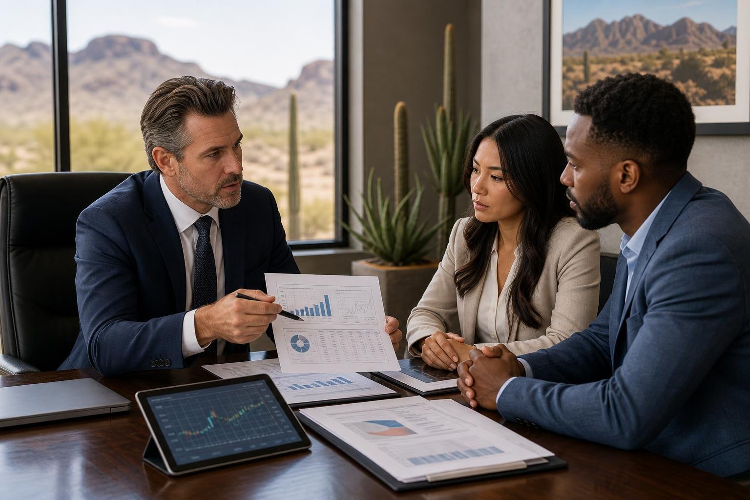 A lawyer discusses financial documents with a client in a modern office with Arizona desert visible through the window.