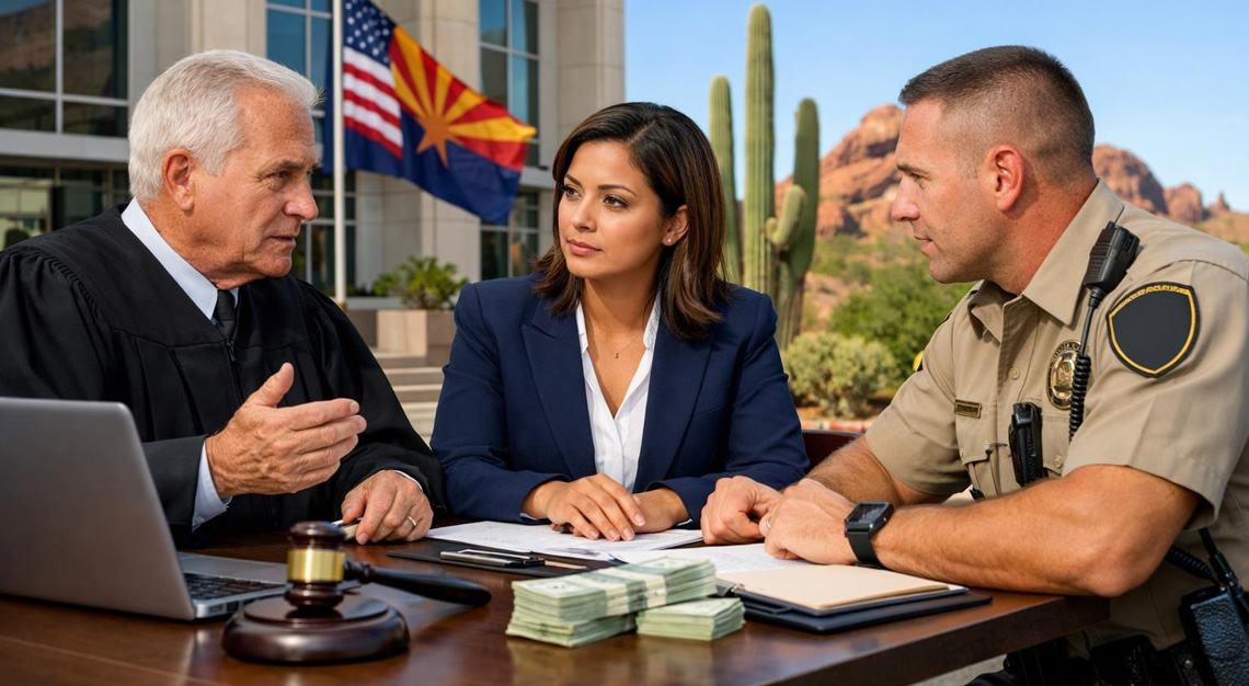 Legal professionals discussing documents outside a courthouse with desert landscape and cacti in the background.