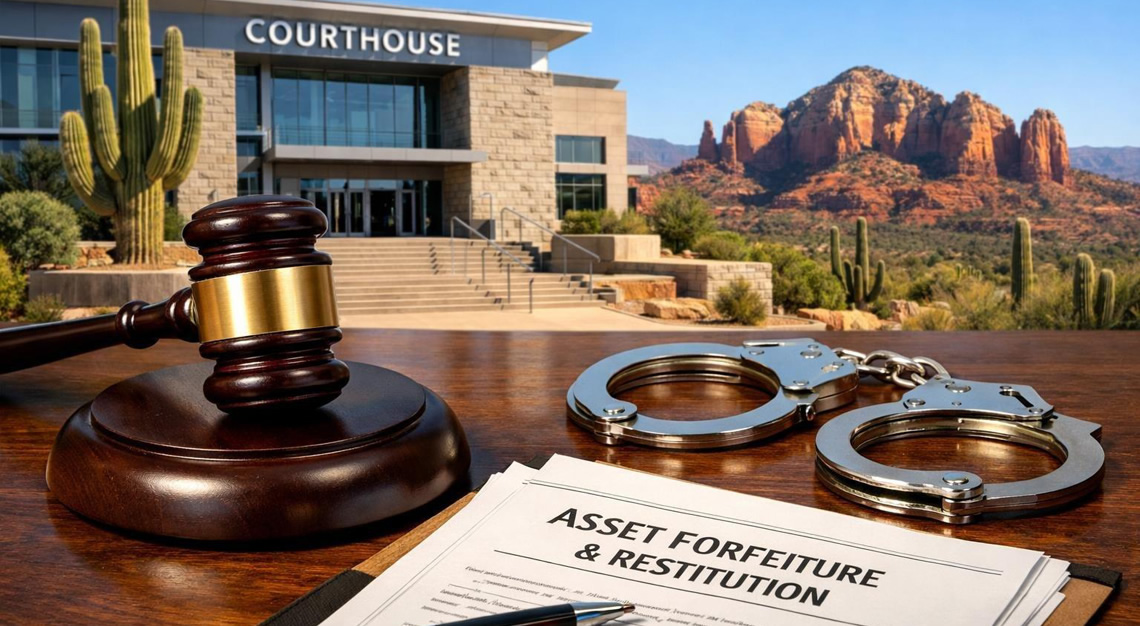 A judge's gavel on a wooden desk with legal documents and handcuffs, a courthouse building, and desert landscape with cacti and red rocks in the background.