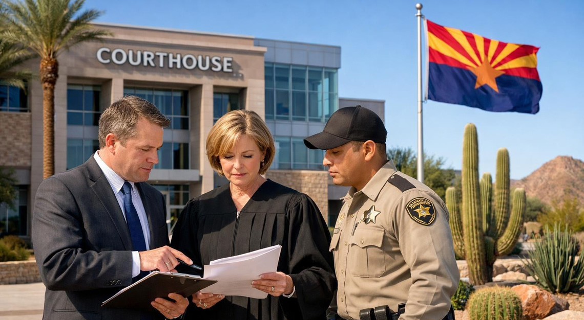 A group of legal professionals standing outside an Arizona courthouse with the state flag and desert plants in the background.