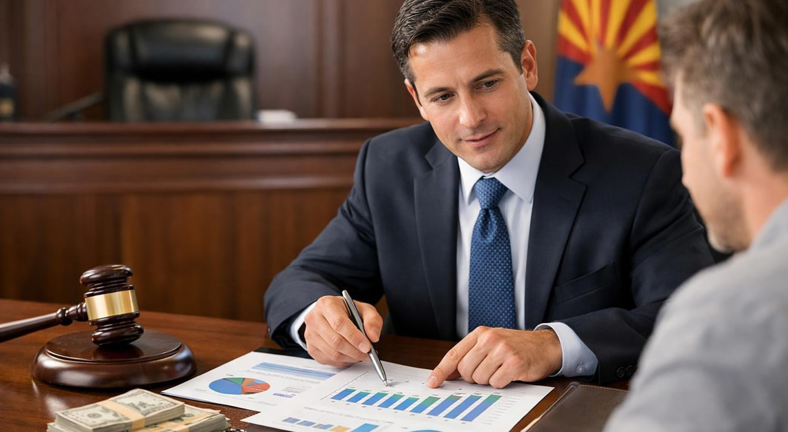 A lawyer discussing legal documents with a client in a courtroom with a gavel and Arizona state flag visible.