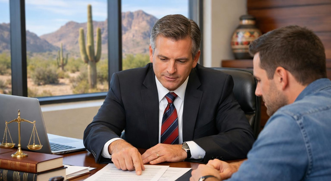 A lawyer consulting with a client in a bright office, discussing legal documents about asset forfeiture.