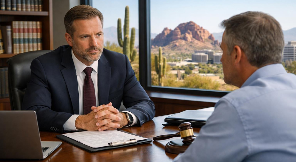 A lawyer and client having a serious discussion at a desk in a law office with a cityscape and desert landscape visible through the window.