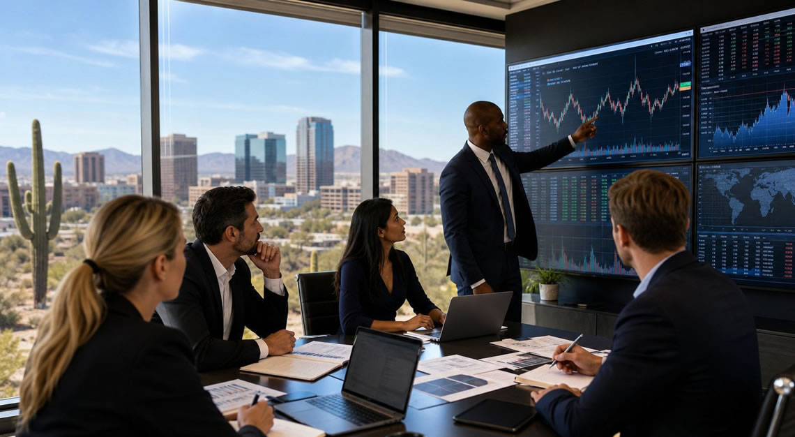 Business professionals in an office reviewing financial charts with a view of an Arizona city skyline and desert outside.