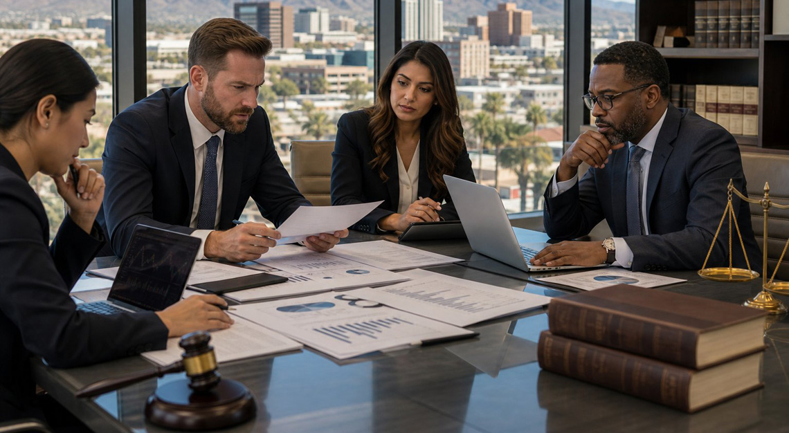 Business professionals in a modern office reviewing financial documents with a cityscape and desert landscape visible through large windows.