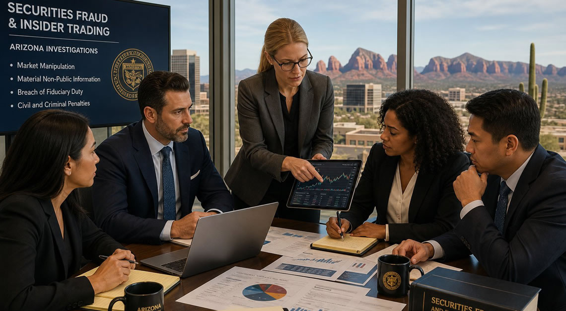 Business professionals discussing financial documents and stock market data in a modern office with a cityscape featuring desert elements visible through the windows.