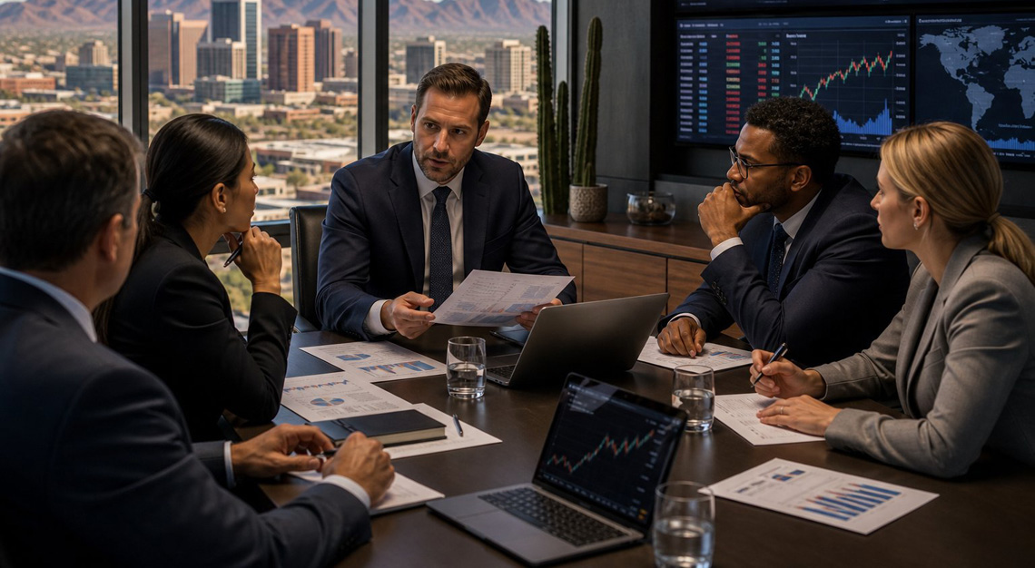 Business professionals in a modern office discussing financial data with a view of the Phoenix city skyline and desert mountains in the background.