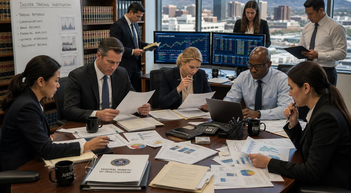 A group of professionals in a government office reviewing documents and financial data related to securities fraud and insider trading.