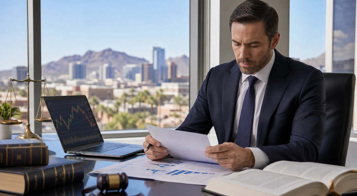 A lawyer in an office reviewing financial documents and stock charts with a gavel and legal books on the desk, with an Arizona cityscape visible through the window.