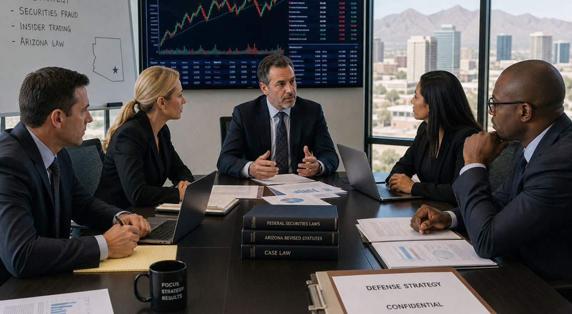 A group of legal and financial professionals in a meeting room discussing financial charts and documents with a cityscape visible through large windows.