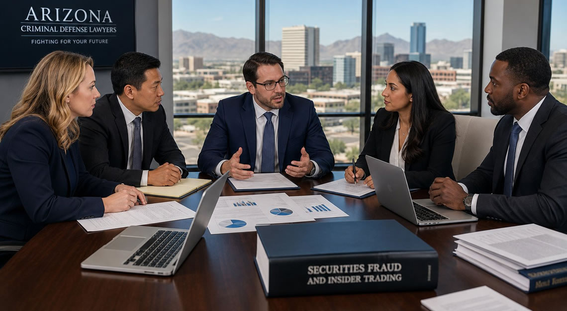A team of lawyers in a modern office discussing legal documents and financial charts with a city view outside the window.