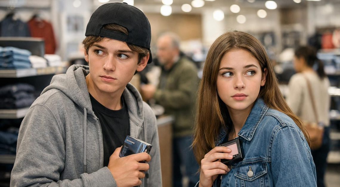 Two teenagers in a store looking around nervously while holding small items, with shelves and other shoppers in the background.