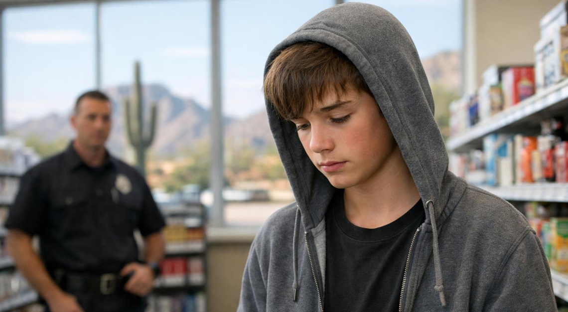 A young teenager standing in a retail store aisle looking thoughtful while a store employee watches from a distance.