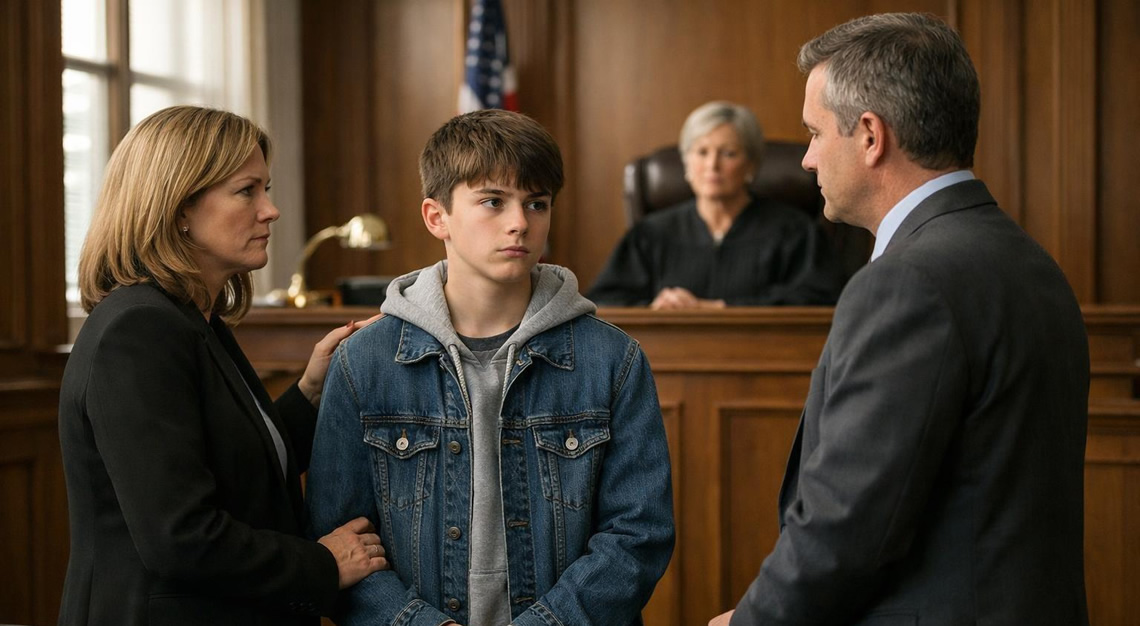 A teenager with a parent and lawyer standing in a courtroom while a judge listens attentively.