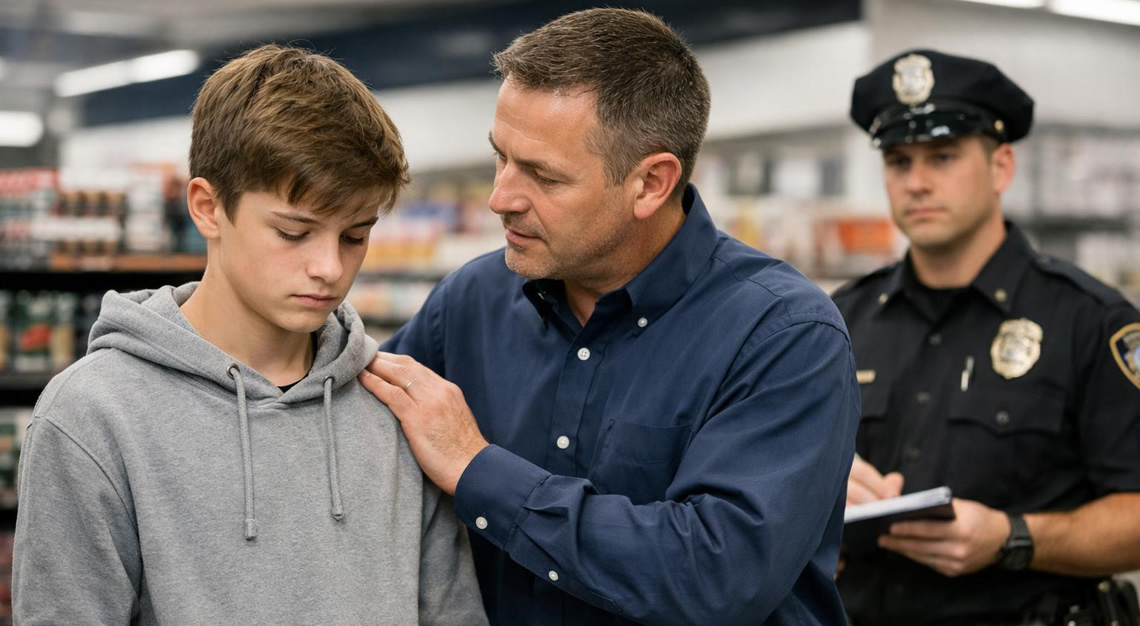 A young teenager in a store aisle being guided by a store employee while a police officer watches nearby.