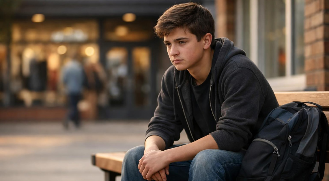 A teenage boy sitting alone on a bench outside a building, looking thoughtful and worried.