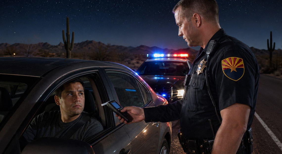 A police officer administers a breathalyzer test to a driver stopped on a desert highway at night with police car lights flashing.